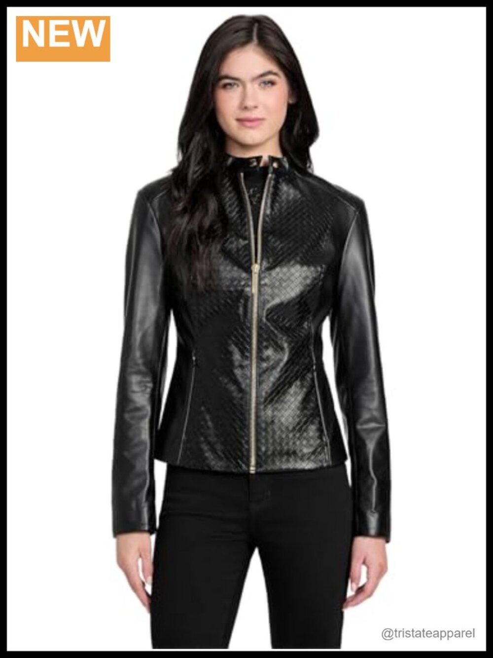 Faux Leather Moto Biker Jacket Zip Front Embossed Panels
